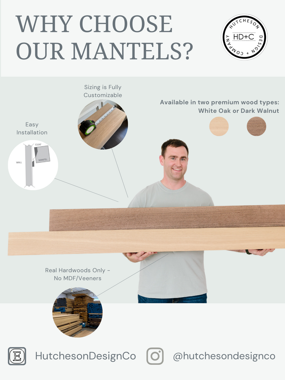 White Oak Fireplace Mantel - Custom Made to Order - Real Wood Mantels