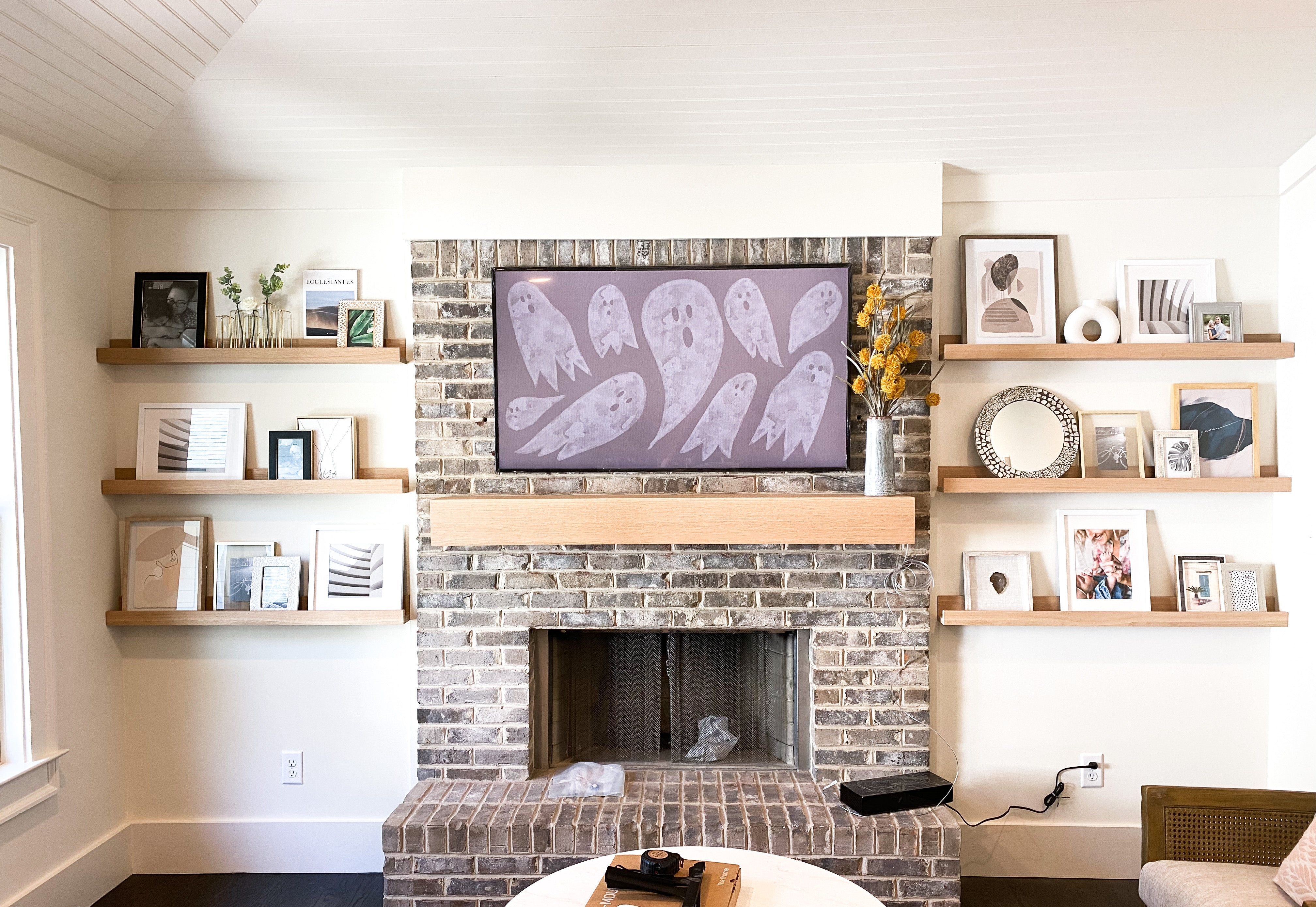 The first white oak mantel & picture-ledge shelves installed in customer home.