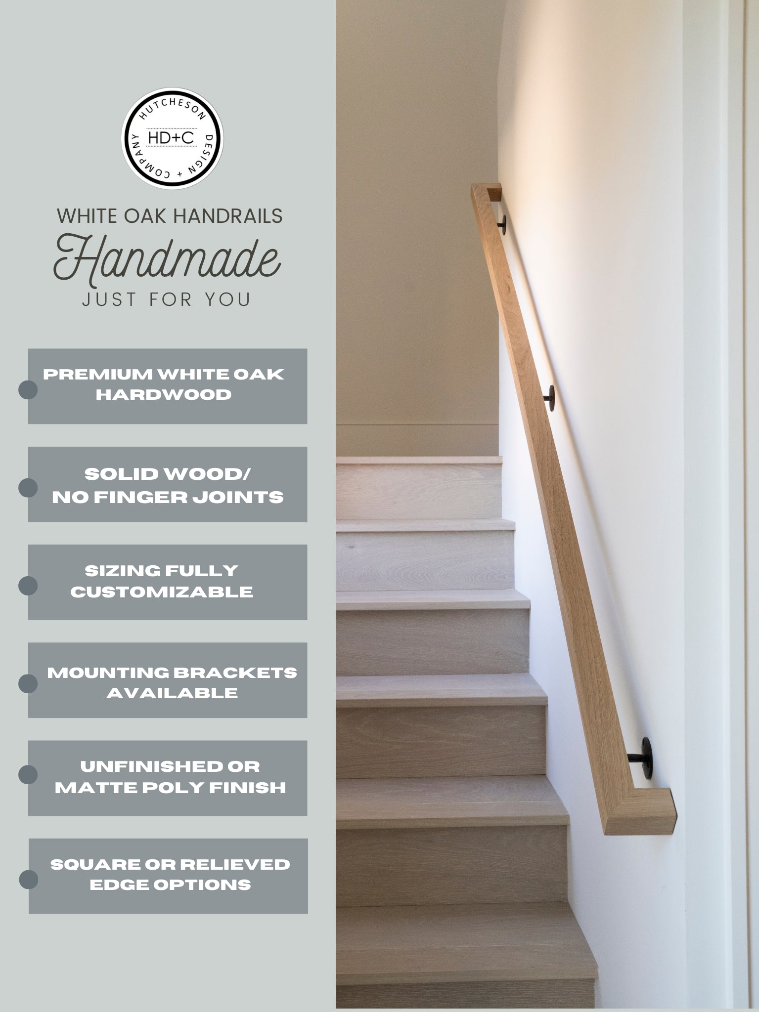 Custom White Oak Staircase Handrail - 1 3/4